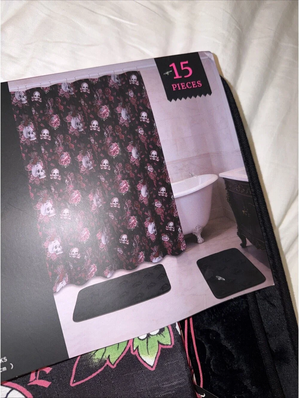 Ed Hardy 15pc Shower Curtain Set Black & Pink Tiger Burning Heart Skull & 2 Rugs